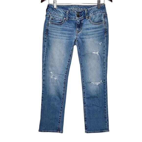American Eagle Artist Crop Stretch Distressed Denim 2013 Blue Low Rise Women's 2 - Picture 1 of 10